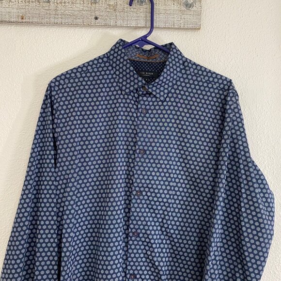 Ted Baker Mens Polka Dot Button-Up Shirt Size 4 Navy Blue Long Sleeve Cotton - Picture 12 of 15